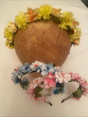 3 Floral Headbands with Blues, Pinks & Yellow with Orange flowers on metal bands